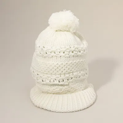 Fashnzfab Pom Pom Slouchy Knit Visor Winter Hat In White