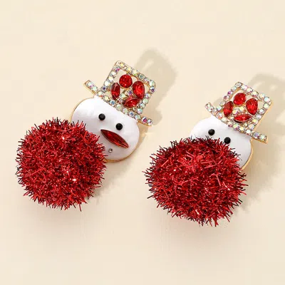 Fashnzfab Pom Pom Stone Paved Hat Snowman Earrings In Red