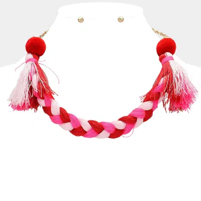 Fashnzfab Pom Pom Tassel Pointed Braided Thread Necklace In Red