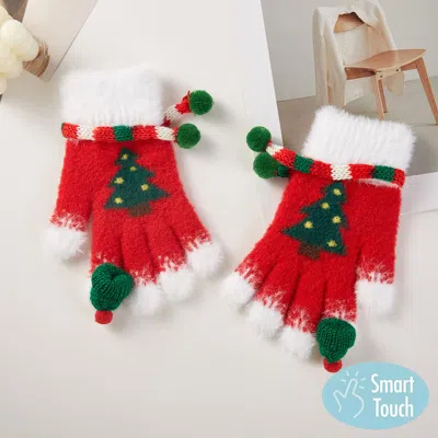Fashnzfab Pom Pom Trim Christmas Tree Accent Smart Touch Gloves In Red