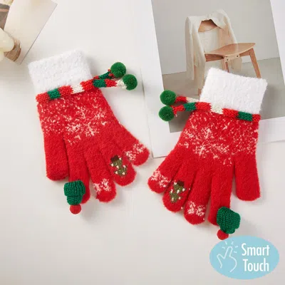 Fashnzfab Pom Pom Trim Snowflake Hat Accent Smart Touch Gloves In Red