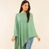 Fashnzfab Pom Pom Trim Solid Asymmetrical Poncho In Green