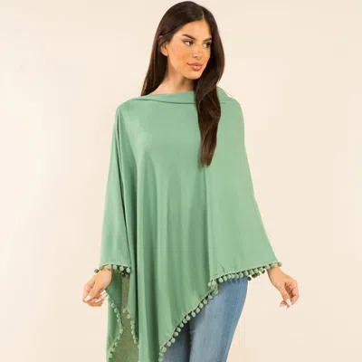Fashnzfab Pom Pom Trim Solid Asymmetrical Poncho In Green