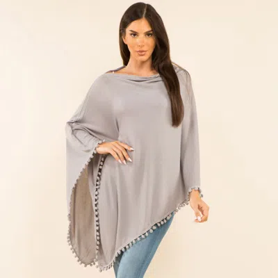 Fashnzfab Pom Pom Trim Solid Asymmetrical Poncho In Green