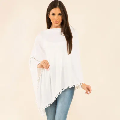Fashnzfab Pom Pom Trim Solid Asymmetrical Poncho In White