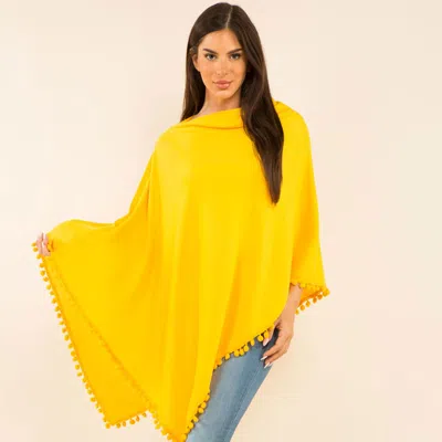 Fashnzfab Pom Pom Trim Solid Asymmetrical Poncho In Yellow