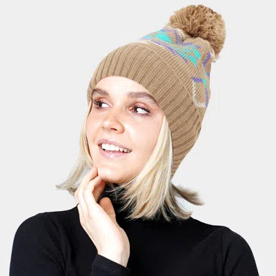 Fashnzfab Pom Pom Western Pattern Beanie Hat In Sand