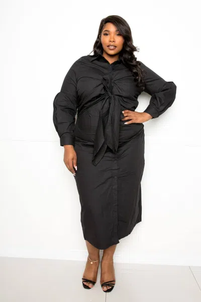 Fashnzfab Poplin Tie Bow Shirt Dress In Black