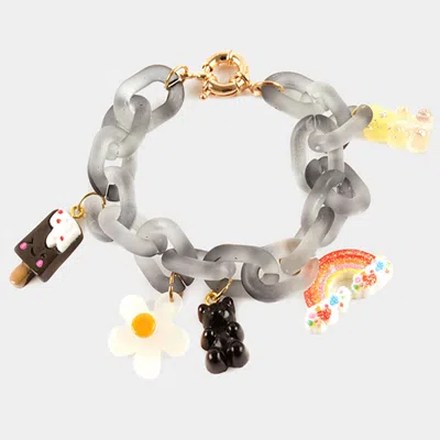 Fashnzfab Popsicle Flower Gummy Bear Rainbow Charm Resin Open Oval Link Bracelet Black