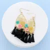 Fashnzfab Pressed Flower Lucite Teardrop Tassel Dangle Earrings - Black, Gold In Gold