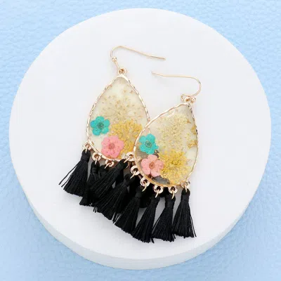 Fashnzfab Pressed Flower Lucite Teardrop Tassel Dangle Earrings - Black, Gold