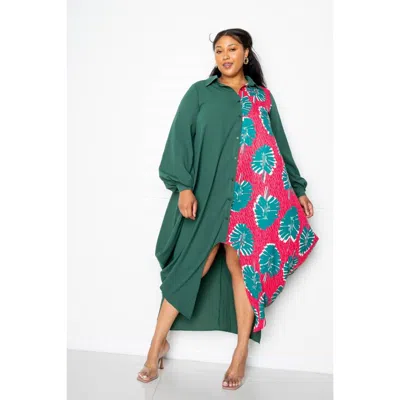 Fashnzfab Print Drapy Shirt Maxi Dress In Green