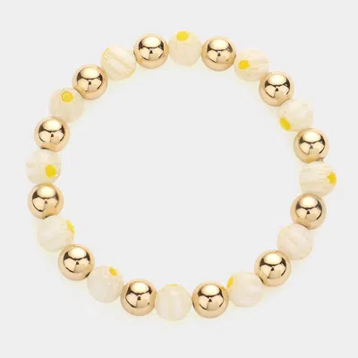 Fashnzfab Printed Bead Accented Metal Ball Stretch Bracelet Yellow