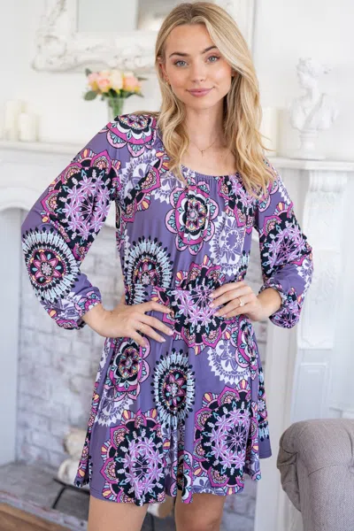 Fashnzfab Printed Long Sleeve Mini Dress With Short Liner In Purple