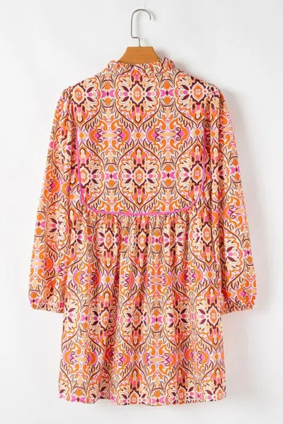 Fashnzfab Printed Long Sleeve Tied Neckline Mini Dress