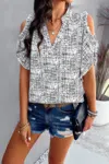 Fashnzfab Printed Mandarine Collar Cold Shoulder Loose Top