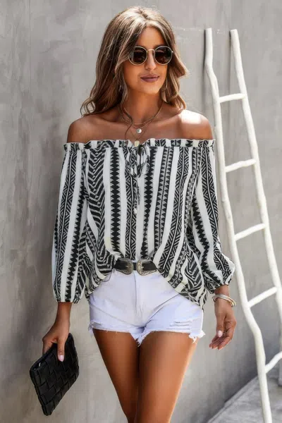 Fashnzfab Printed Off Shoulder Frilled Tie Lantern Sleeve Shirt