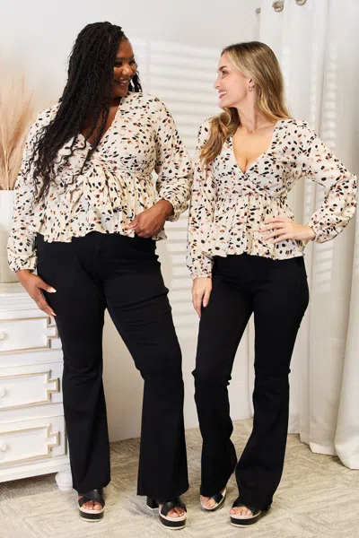 Fashnzfab Printed Tied Plunge Peplum Blouse In White