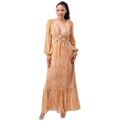 Fashnzfab Printed V Neck Self Belted Side Cut Out Ruffled Maxi Dress In Yellow