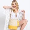 Fashnzfab Pu Button Straw Bucket Bag With Pom Pom Tassel In Orange