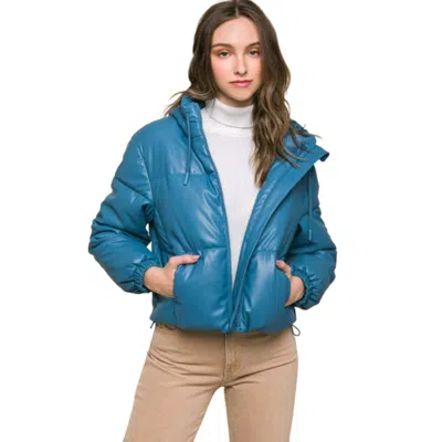 Fashnzfab Pu Faux Leather Zipper Hooded Puffer Jacket In Blue