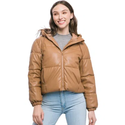 Fashnzfab Pu Faux Leather Zipper Hooded Puffer Jacket In Brown