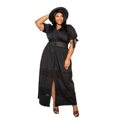Fashnzfab Puff Sleeve Maxi Dress With Lace Insert In Black