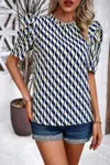 Fashnzfab Puff Sleeves Allover Print Knot Loose Fit Top