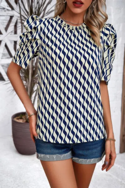 Fashnzfab Puff Sleeves Allover Print Knot Loose Fit Top In Blue