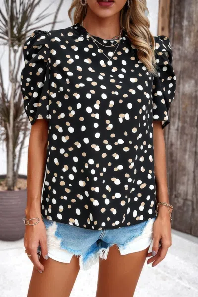 Fashnzfab Puff Sleeves Allover Print Knot Loose Fit Top In Black