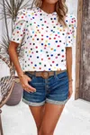 Fashnzfab Puff Sleeves Allover Print Knot Loose Fit Top
