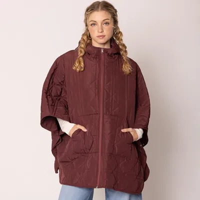 Fashnzfab Puffer Cape Poncho In Burgundy