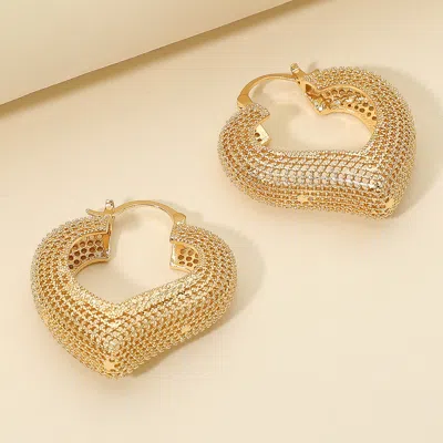 Fashnzfab Puffy Metal Filigree Heart Pin Catch Hoop Earrings - Gold