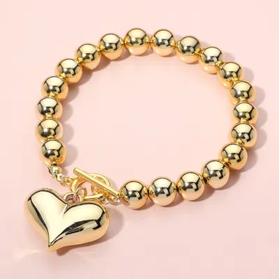 Fashnzfab Puffy Metal Heart Charm Ball Toggle Bracelet Gold