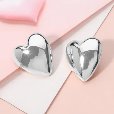 Fashnzfab Puffy Metal Heart Earrings - Rhodium In Metallic