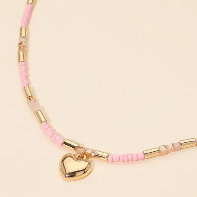 Fashnzfab Puffy Metal Heart Pendant Beaded Necklace - Pink