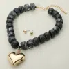 Fashnzfab Puffy Metal Heart Pendant Chunky Beaded Statement Necklace In Black