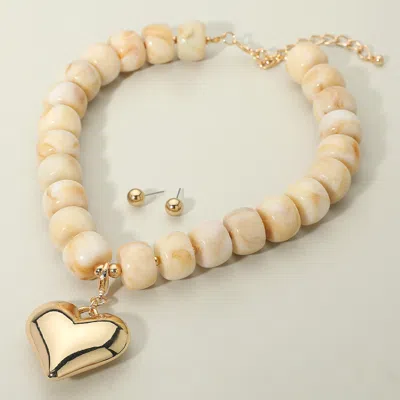 Fashnzfab Puffy Metal Heart Pendant Chunky Beaded Statement Necklace In Gold