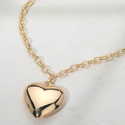 Fashnzfab Puffy Metal Heart Pendant Long Necklace In Gold