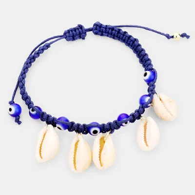 Fashnzfab Puka Shell Evil Eye Cord Braid Adjustable Cinch Pull Tie Bracelet Gold, Sapphire In Multi