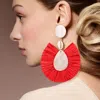 Fashnzfab Puka Shell Mother Of Pearl Teardrop Raffia Trimmed Dangle Earrings - Red In Red