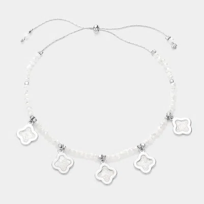 Fashnzfab Quatrefoil Bezel Station Beaded Adjustable Pull Tie Bracelet Cream, Rhodium In Silver