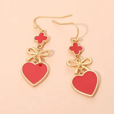 Fashnzfab Quatrefoil Bow Heart Link Drop Earrings In Red
