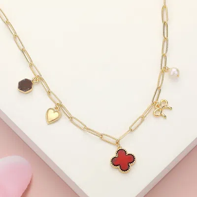 Fashnzfab Quatrefoil Bow Heart Pearl Charm Station Paperclip Chain Necklace In Multi