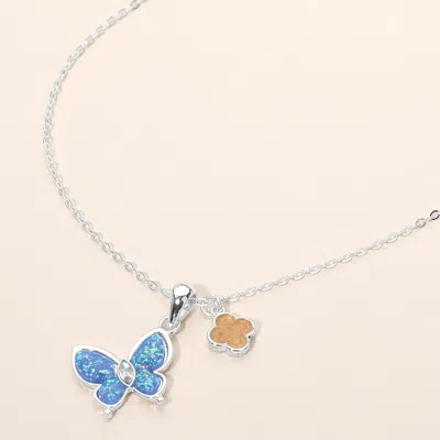 Fashnzfab Quatrefoil Butterfly Charm Pendant Necklace In Blue