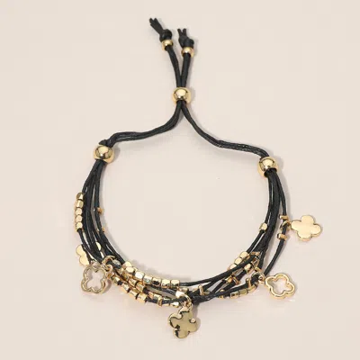 Fashnzfab Quatrefoil Charm Beaded Multi Layered Cord Adjustable Cinch Pull Tie Bracelet In Black