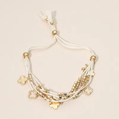 Fashnzfab Quatrefoil Charm Beaded Multi Layered Cord Adjustable Cinch Pull Tie Bracelet In Silver