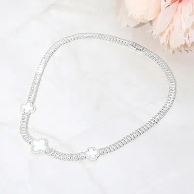 Fashnzfab Quatrefoil Charm Station Cz Baguette Cluster Link Necklace In Silver