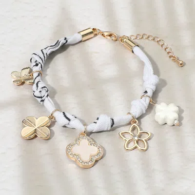 Fashnzfab Quatrefoil Clover Flower Butterfly Charm Embellished Scarf Fabric Chain Bracelet In Silver
