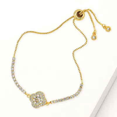 Fashnzfab Quatrefoil Cz Stone Accent Pull Tie Adjustable Bracelet Clear, Gold In Silver